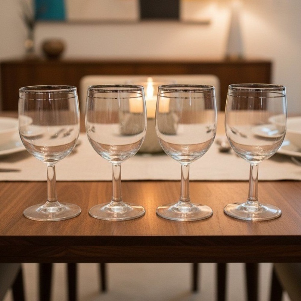 Platinum Rimmed Clear Wine Glasses, Set of 4, Vintage Midcentury Modern Stemware